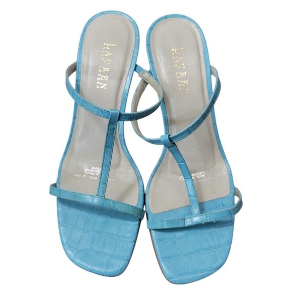 Lauren Ralph Lauren Ariel Blue Leather Square Toe Heeled Sandals Size 8.5B - Picture 1 of 11